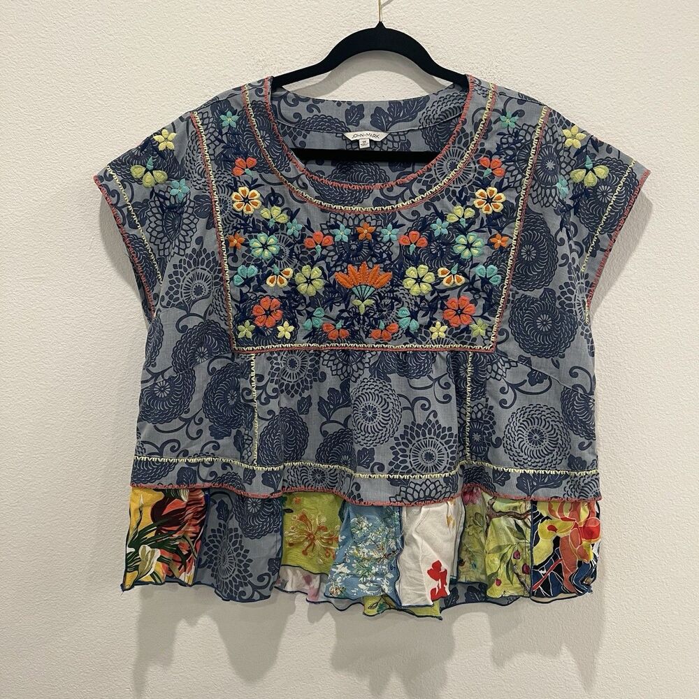 John Mark Garden Party Embroidered Floral Blouse Size 1X Patchwork Fairy Cottage